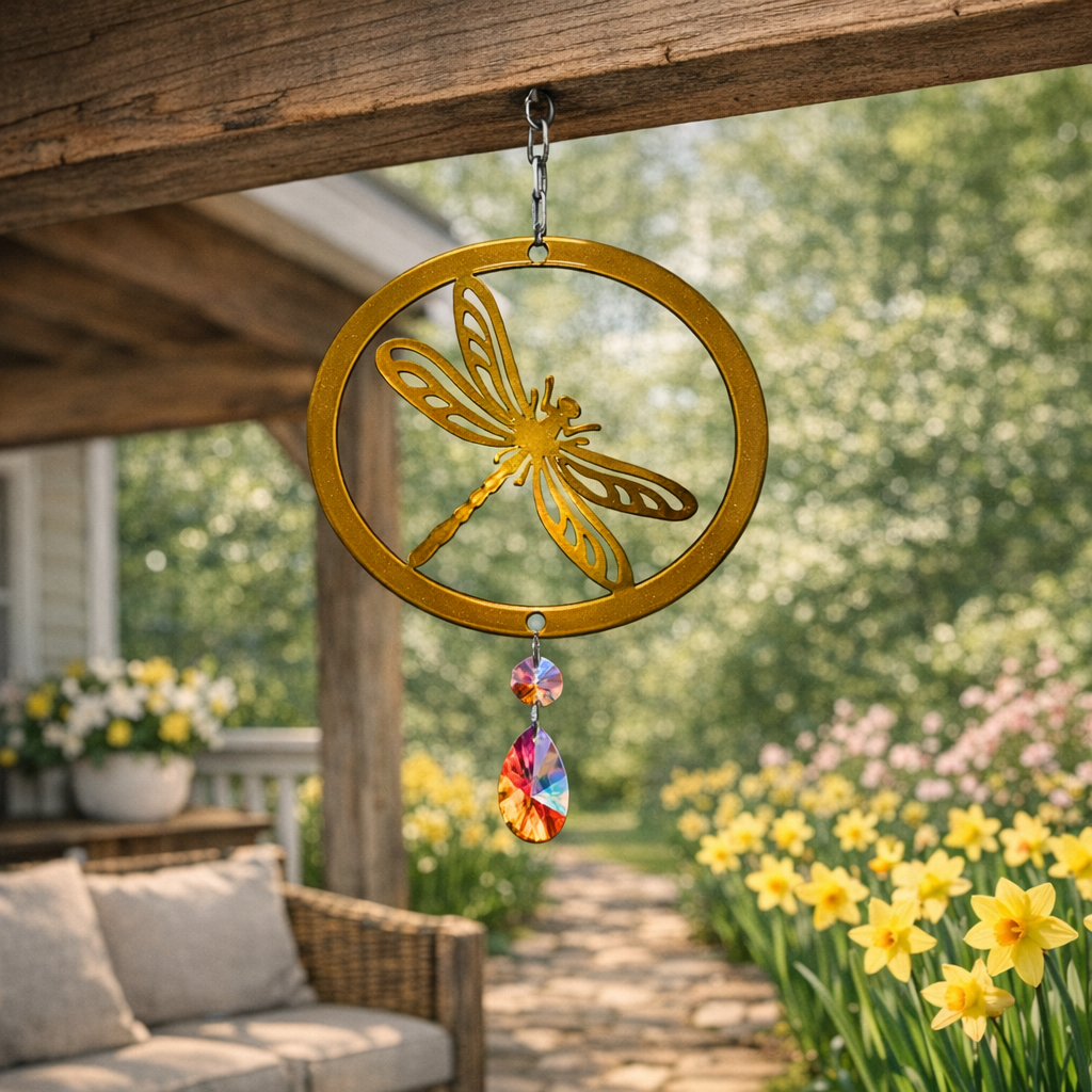 Dragonfly Spinner-Metallic wings, sparkling crystal and gentle motion for your garden