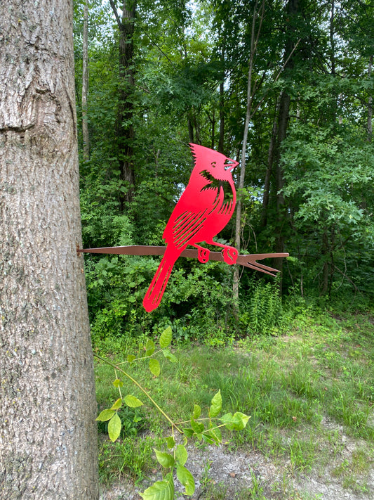 Metal Cardinal Tree Stake -Red Powder-Coated Steel Bird Decoration for Yard and Garden